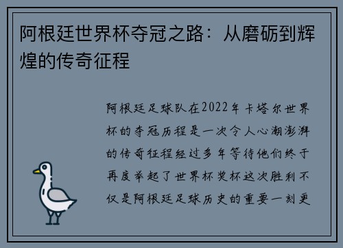 阿根廷世界杯夺冠之路:从磨砺到辉煌的传奇征程 阿根廷世界杯夺冠之路:从磨砺到辉煌的传奇征程